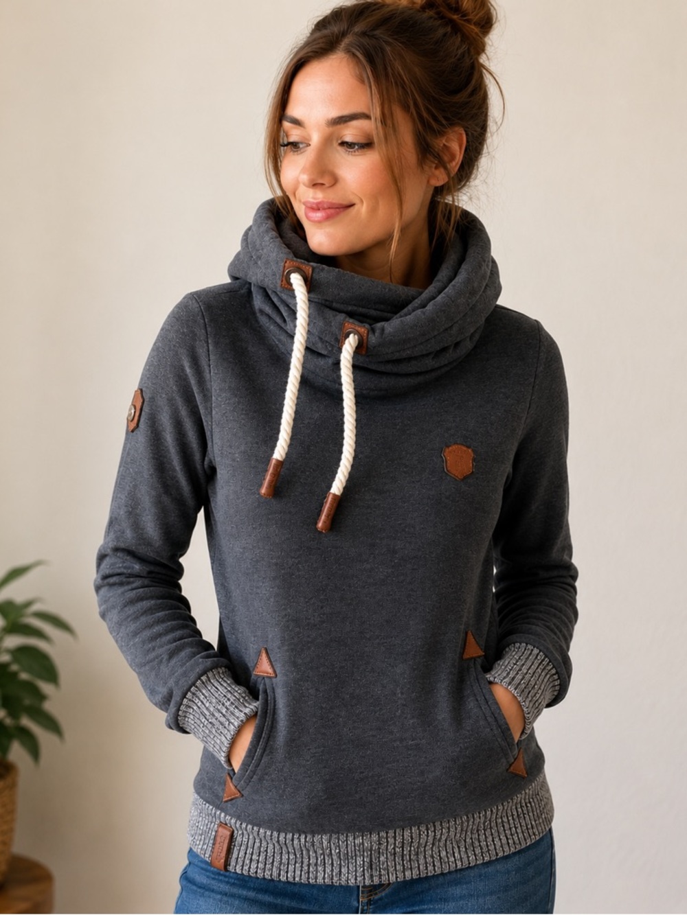 Naketano Funnel Neck Hoodie Gray Rope Drawstring Pullover Sweatshirt Small